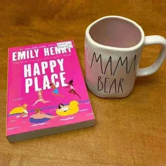 Rae Dunn Mama Bear mug with a new book Happy Place by Emily Henry. - Picture 1 of 5